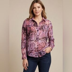 5 For $25✨️Guess Womens Small Snake Print Pint Button Up Longsleeved Collard Top